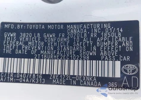 2014 Toyota Corolla Le z USA, uszkodzony, nr VIN 2T1BURHE2EC102298